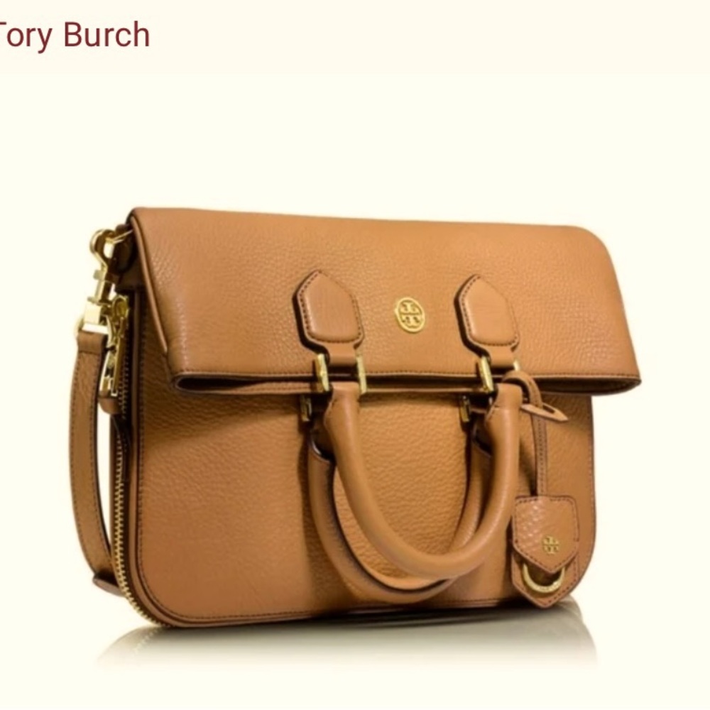 Tory Burch Robinson Pebbled Fold-Over leather Messenger bag.Tan camel color.